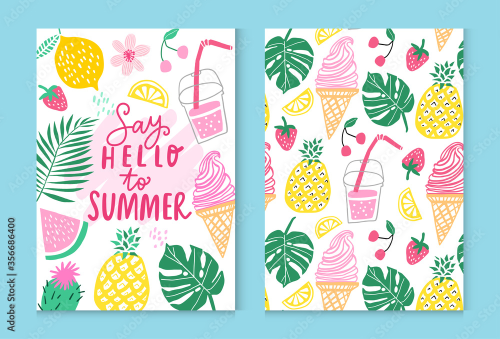Summer vector poster design. Summer pineapple, watermelon, cactus, tropical leaves