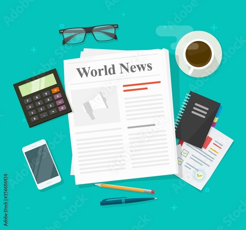 Newspaper or daily press news paper folded magazine on working business office table desk and analysis stuff vector flat illustration isolated on color background, journal page idea
