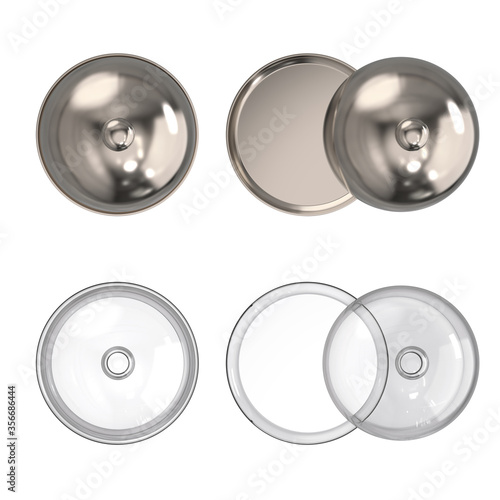 Glass restaurant cloche with open and with closed cap. Glass and stainless steel serving dome. Dishes for restaurants. Mock up. Top view. 3d illustration isolated on white background.