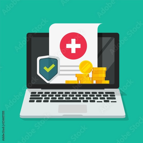 Medical health care insurance form protection online on computer or pc digital financial internet medicare healthcare document risk claim coverage vector flat, web pharmacy life allowance policy