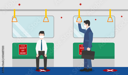Vector illustration of business people Go to work on the train, keep physical distancing and wearing protective medical mask for prevent virus in public transportation on a New Normal day