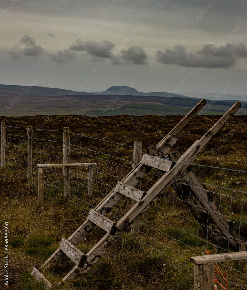 Hiking stile over a fewnce with Slemish Mountain in the background, Antrim Hills Way, Agnews Hill, Shanes Hill, Larne, County Antrim, Northern Ireland