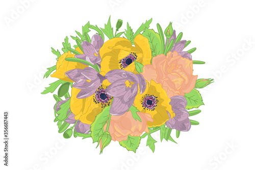 Hand drawn colorful crocus  poppy  rose flowers round arrangement. Floral design element. Isolated on white background. Vector illustration