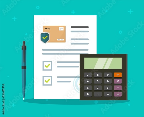 Shipping insurance freight calculator of cargo delivery and package transportation protection coverage guaranty care agreement vector flat illustration, concept of logistics courier service guard
