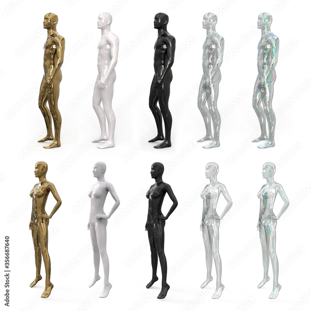 Set of female and male mannequins in metallic gold, transparent, glass, white and black colors. Side view. 3d realistic illustration isolated on white background. Set of female and male mannequins in metallic gold, transparent, glass, white and black colors. Side view. 3d realistic illustration isolated on white background.