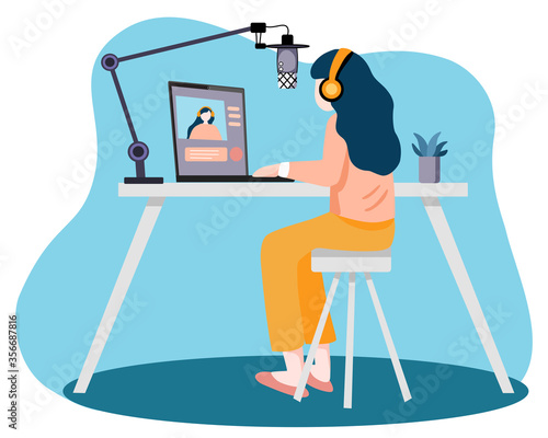 Female broadcaster speaking into microphone, live streaming. Social media bloggers. Media hosting. Podcaster making content. Interview, podcast.podcaster at workspace. Flat vector illustration.