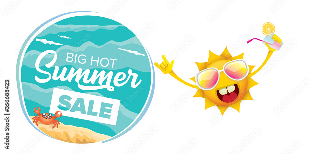 summer sale horizontal web banner or vector label with summer happy sun character holding cocktail