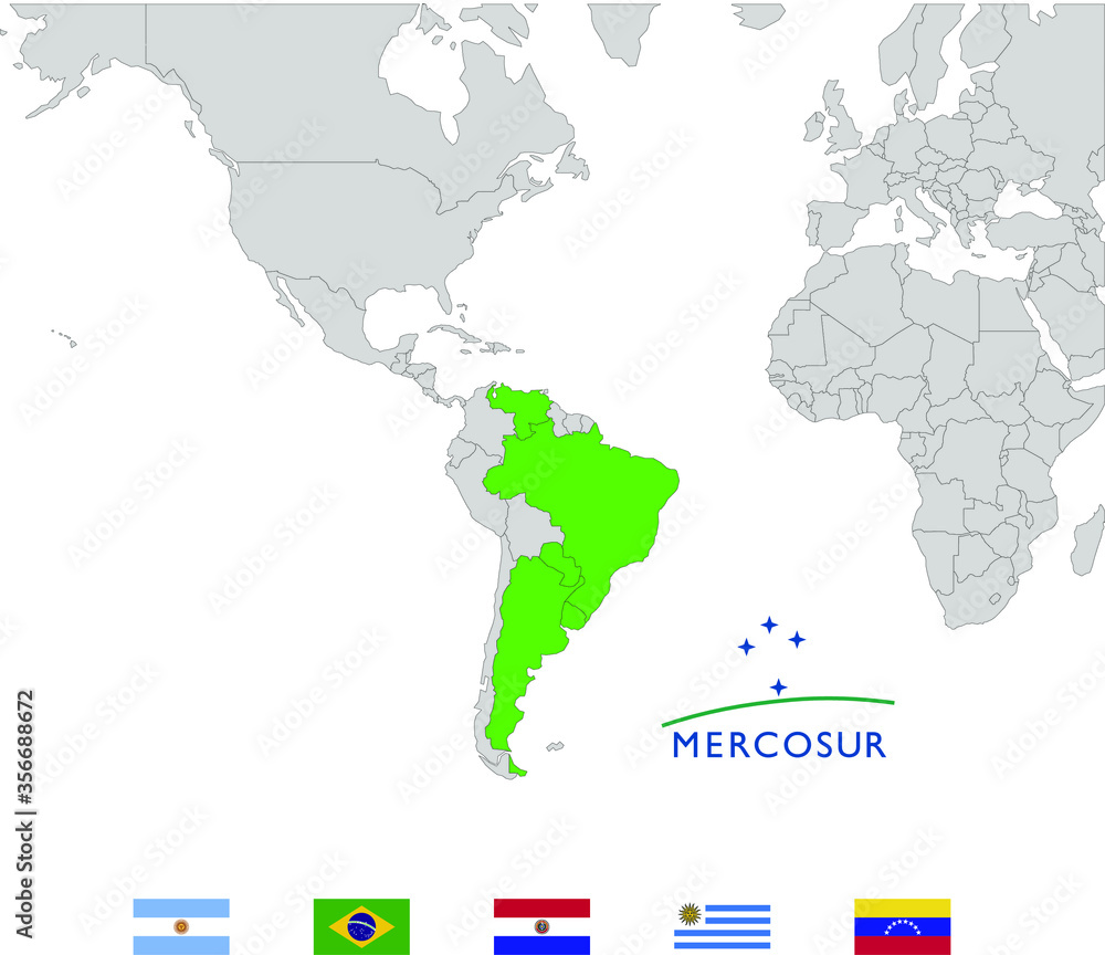 Map of Mercosur/Mercosul countries and flags
