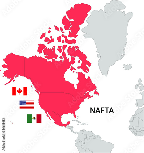 Map of NAFTA countries and flags