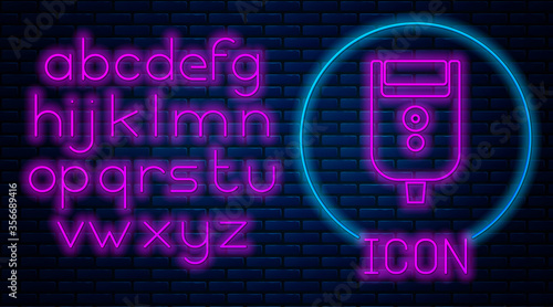 Glowing neon Electric razor blade for men icon isolated on brick wall background. Electric shaver. Neon light alphabet. Vector Illustration