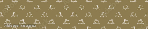 Seamless background camping tent banner. Gender neutral baby border pattern. Simple whimsical minimal earthy 2 tone color. Kids nursery edging or boho outdoor fashion ribbon trim.