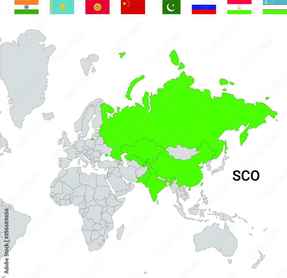 Map of Shanghai Cooperation Organisation - SCO with flags