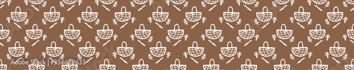 Seamless background forage basket banner. Gender neutral baby border pattern. Simple whimsical minimal earthy 2 tone color. Kids nursery edging or boho fashion ribbon trim.