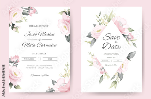 wedding invitation card template set with pink rose watercolor painting