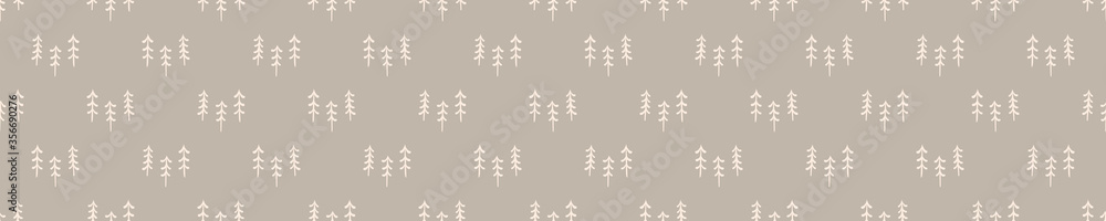 Seamless background forest tree  banner. Gender neutral baby border pattern. Simple whimsical minimal earthy 2 tone color. Kids nursery edging or boho camping fashion ribbon trim.