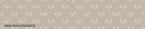 Seamless background forest tree  banner. Gender neutral baby border pattern. Simple whimsical minimal earthy 2 tone color. Kids nursery edging or boho camping fashion ribbon trim.