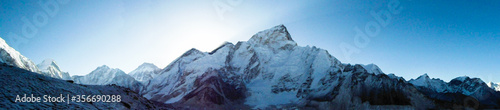 Panoramic view of Mount Everest and Lhotse in the morning from Kalla Pattar. The highest mountain in the world