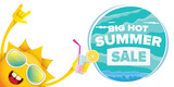summer sale horizontal web banner or vector label with summer happy sun character holding cocktail