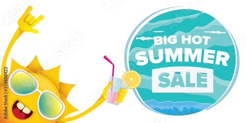 summer sale horizontal web banner or vector label with summer happy sun character holding cocktail