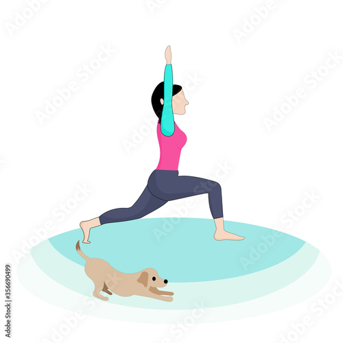 A woman wearing sportswear is exercising by stretching one leg forward The other leg was straight to the back, both hands straight up above the head. There was a dog nearing her.