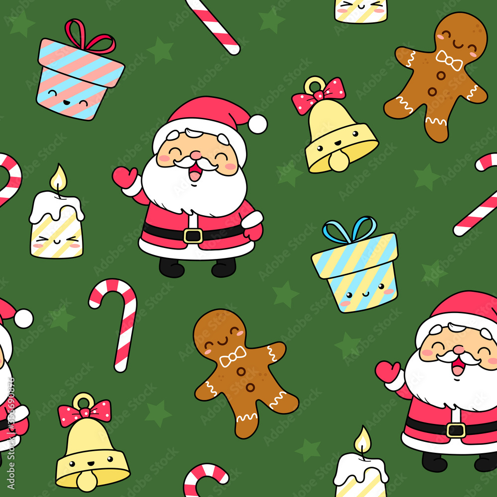 Christmas seamless pattern with christmas symbols. Santa Claus, gift, gingerbread man, candy cane, candle, bell. Cartoon vector illustration.