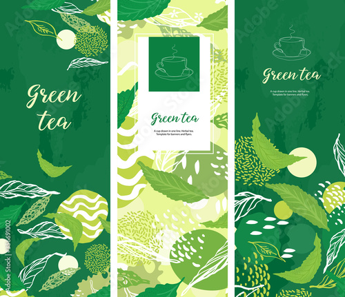 Vertical background for tea design. Tea shop. A cup drawn in one line.