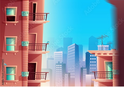 Vector cartoon style of building facade in side view with balconies and skyscrapers on the background. Multi storied building with windows and doors, house roofs.