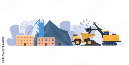 Mine industry vector illustration. Cartoon flat urban landscape with mining factory building for industrial process of coal extraction, machinery for transportation, mining business isolated on white