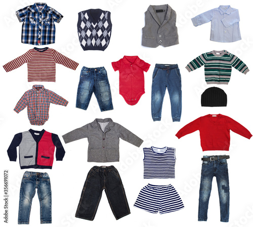 Fashion modern male baby clothes.Collage set of boy kid wear