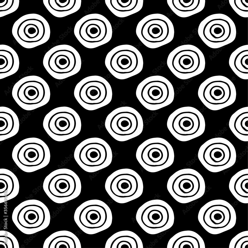 Abstract seamless pattern with hand drawn circle doodles on black background. Stock vector
