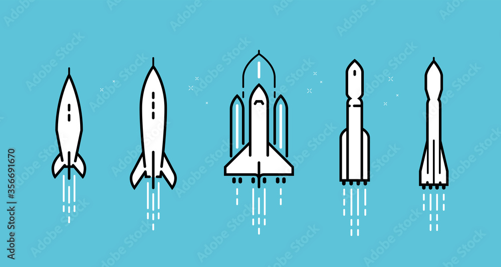 Space rocket icon set. Spacecraft launch vector illustration