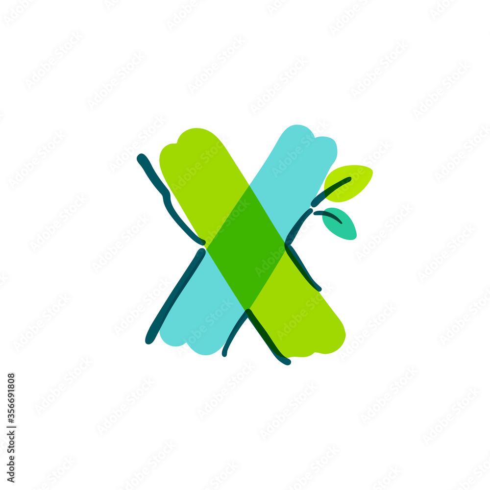 X letter logo with green leaf handwritten with a felt-tip pen. X letter logo with green leaf handwritten with a felt-tip pen.