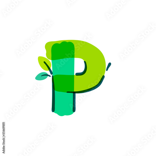 P letter logo with green leaf handwritten with a felt-tip pen.