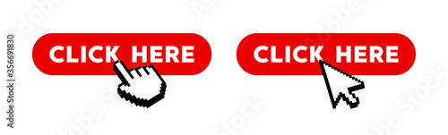 Click here button with hand pixel icon. Vector icon