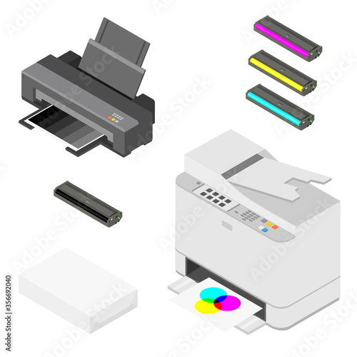Printer, paper and cartridges isometric view