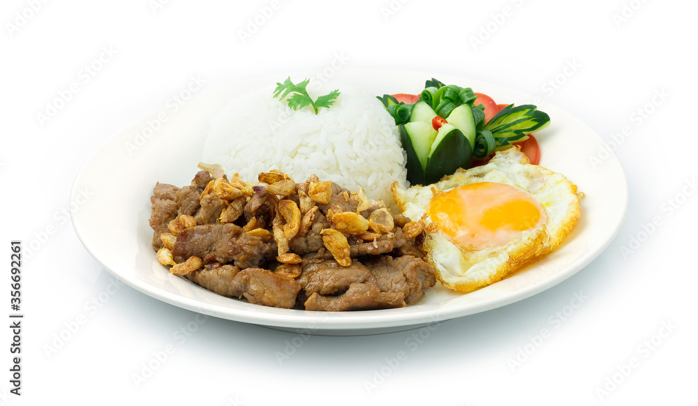 Fried Pork with Garlic Served Fried Egg and Rice Fried Pork with Garlic Served Fried Egg and Rice