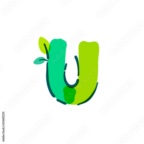 U letter logo with green leaf handwritten with a felt-tip pen.