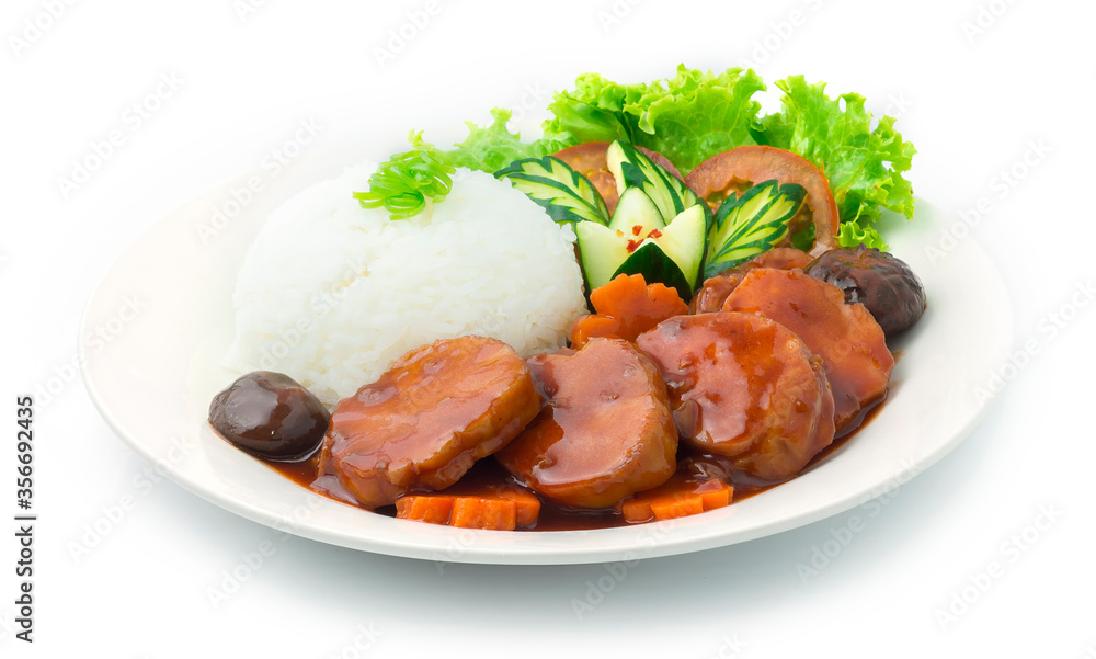 Smoke Chicken Ham and Red Sauce Served with Rice Smoke Chicken Ham and Red Sauce Served with Rice
