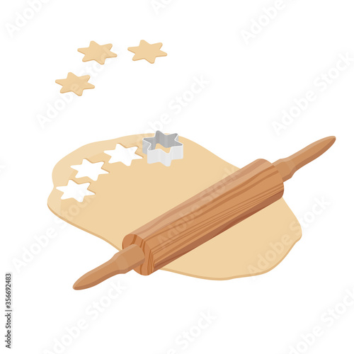 Preparing dough, baking cookies. Metal cookie cutters, rolling pin and dough