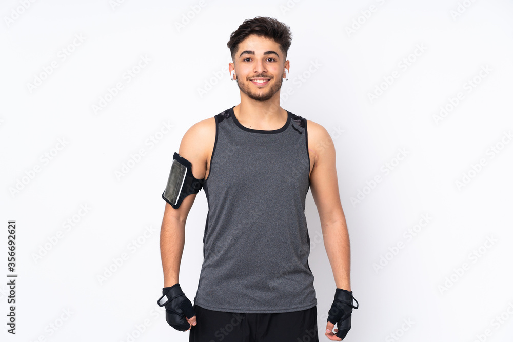 Sport Arabian man isolated on white background happy and smiling Sport Arabian man isolated on white background happy and smiling