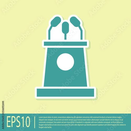 Green Stage stand or debate podium rostrum icon isolated on yellow background. Conference speech tribune. Vector Illustration