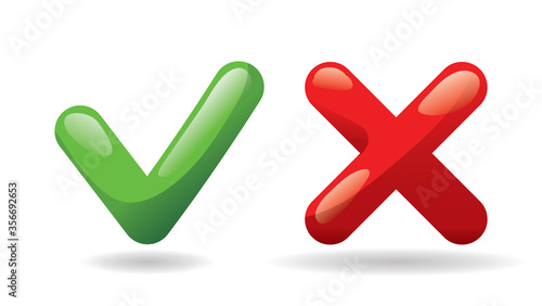 Test check mark buttons icon. Tick and cross vote symbol. Green - yes, red - no. Template design for web or mobile app, Vector.