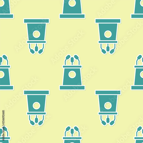 Green Stage stand or debate podium rostrum icon isolated seamless pattern on yellow background. Conference speech tribune. Vector Illustration