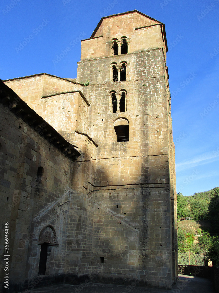 UNESCO World Heritage. Bell tower of the Romanesque Church of Santa Cruz de la Serós. 11th century. Aragon. Spain.  