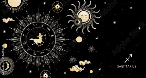 Zodiac background. Sagittarius zodiac sign. Horizontal banner.