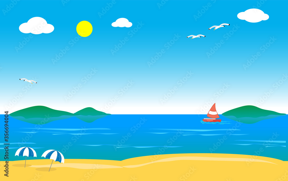 Beach landscape with boat, seagull and isles scenery vector