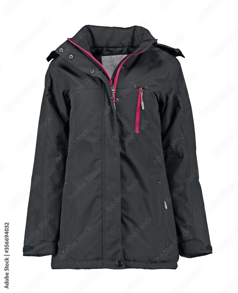 Women's black parka jacket with pink zipper. Isolated image on a white  background. Stock Photo | Adobe Stock