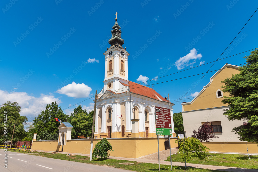 Kulpin, Serbia - June 02, 2020: The Orthodox Church in Kulpin is dedicated to the Ascension of Jesus Christ (Serbian: spasovdan) and is located in the center of Kulpin.