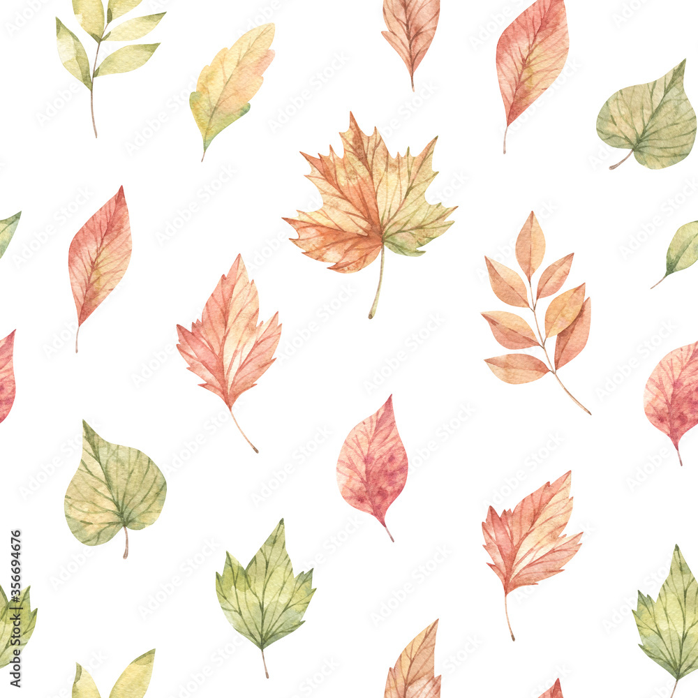 Hand drawn watercolor seamless pattern of fall orange, red and green leaves. Forest background. Hello Autumn! Perfect for seasonal advertisement, invitations, cards, fabric, wrapping paper, textile