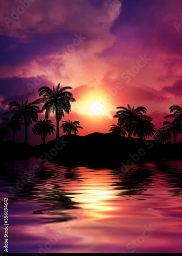 Fototapeta Naklejka Na Ścianę i Meble -  Tropical sunset with palm trees and sea. Silhouettes of palm trees on the beach against the sky with clouds. Reflection of palm trees on the water.